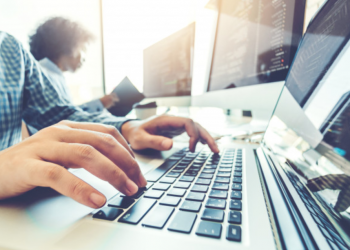 Imagem de duas pessoas trabalhando em seus computadores